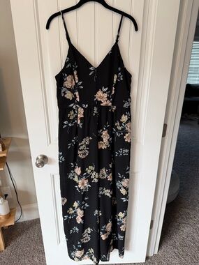 Xhilaration Black Floral Spaghetti-Strap Maxi Dress with Peach and Cream Blooms